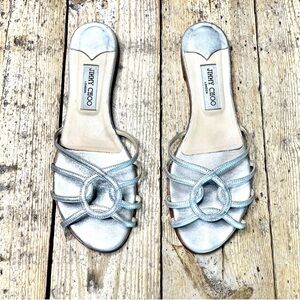 Jimmy Choo Rocco Silver Metallic Leather Flat Slide Sandals EU 41